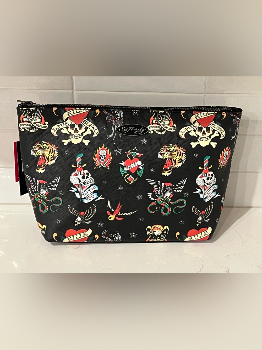 ED HARDY Black SKULL Cosmetic Bag Travel Bathroom Makeup NWT Y2K Tattoo Tiger